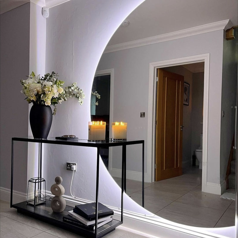 Large, made-to-measure semi-circle mirror with LED backlighting