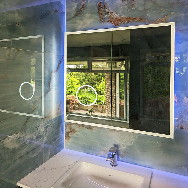 800x800mm Edge-lit cabinet with RGB backlighting & 3x magnification mirror