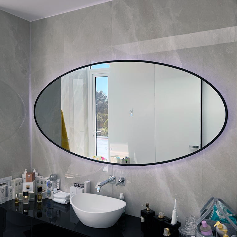 Oval backlit bathroom mirror with black metal frame
