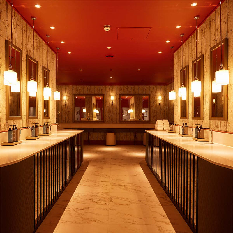 Mirrored panelling in the washroom is the epitome of sophistication