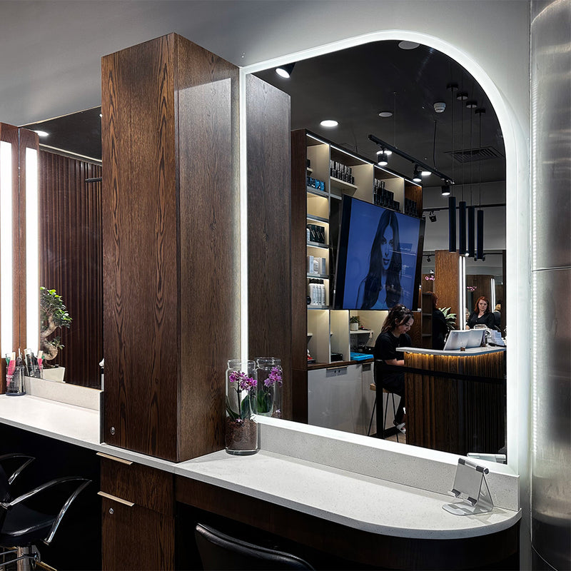 Frosted edge-lit mirror with large radius corner for a unique look