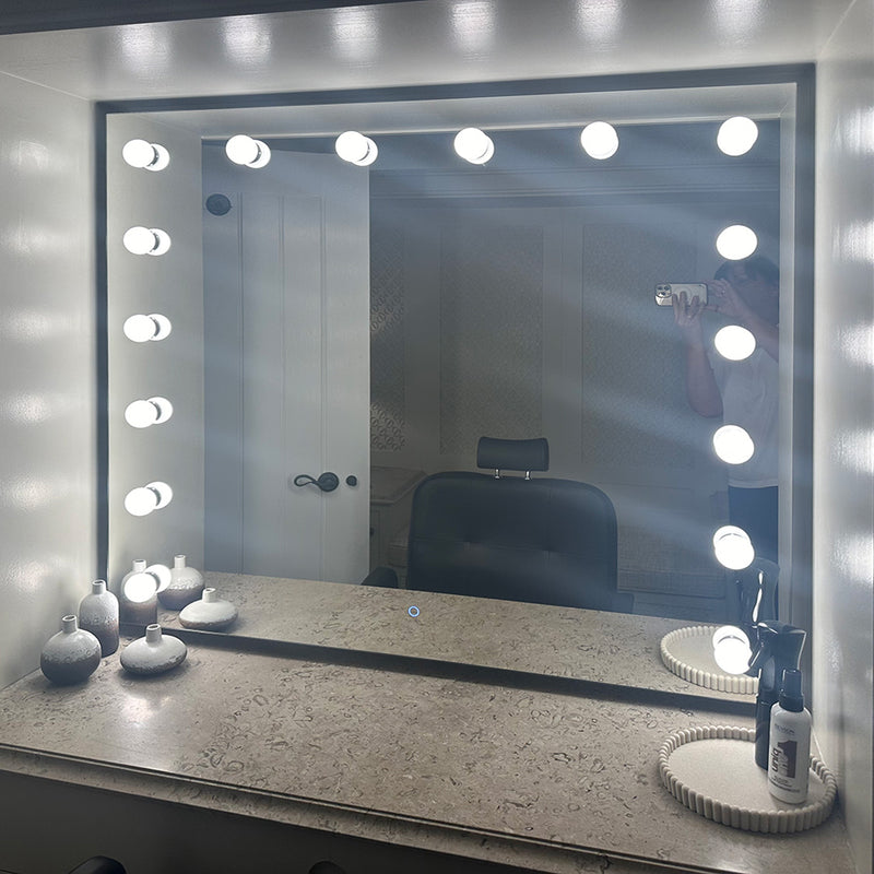 Hollywood mirror custom-build to be mounted inside a fitted cabinet