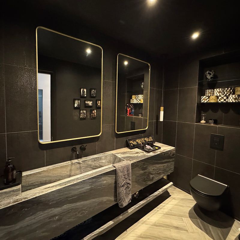 Radius corner bathroom mirror set with brass effect frame
