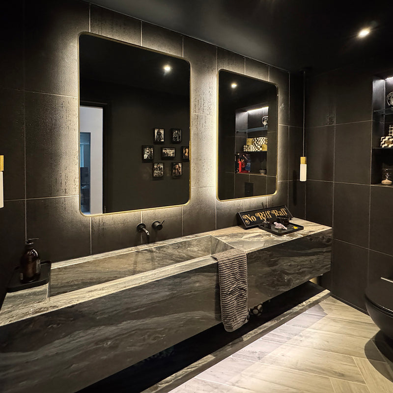 Radius corner bathroom mirror set with backlighting & brass effect frame