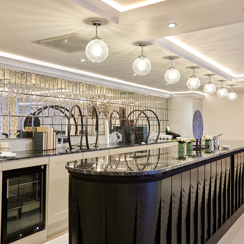 Italian Blue Antique tiles with a bevelled edge in the restaurant and bar