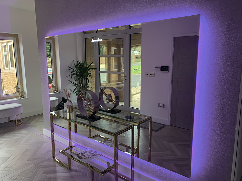 W:1900mm  x H:1700mm Bevelled mirror with RGB backlighting & engraved message