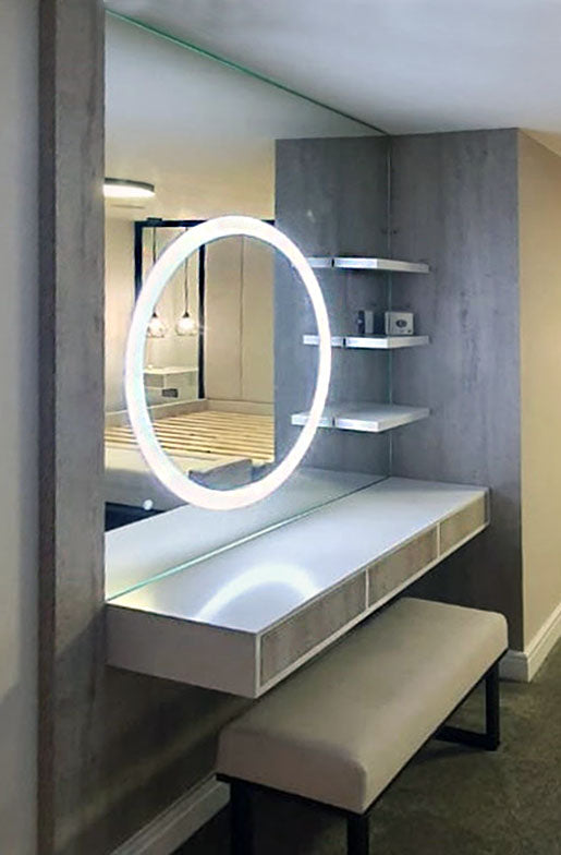 Bedroom finesse with this unique mirror with bespoke dressing table & shelves