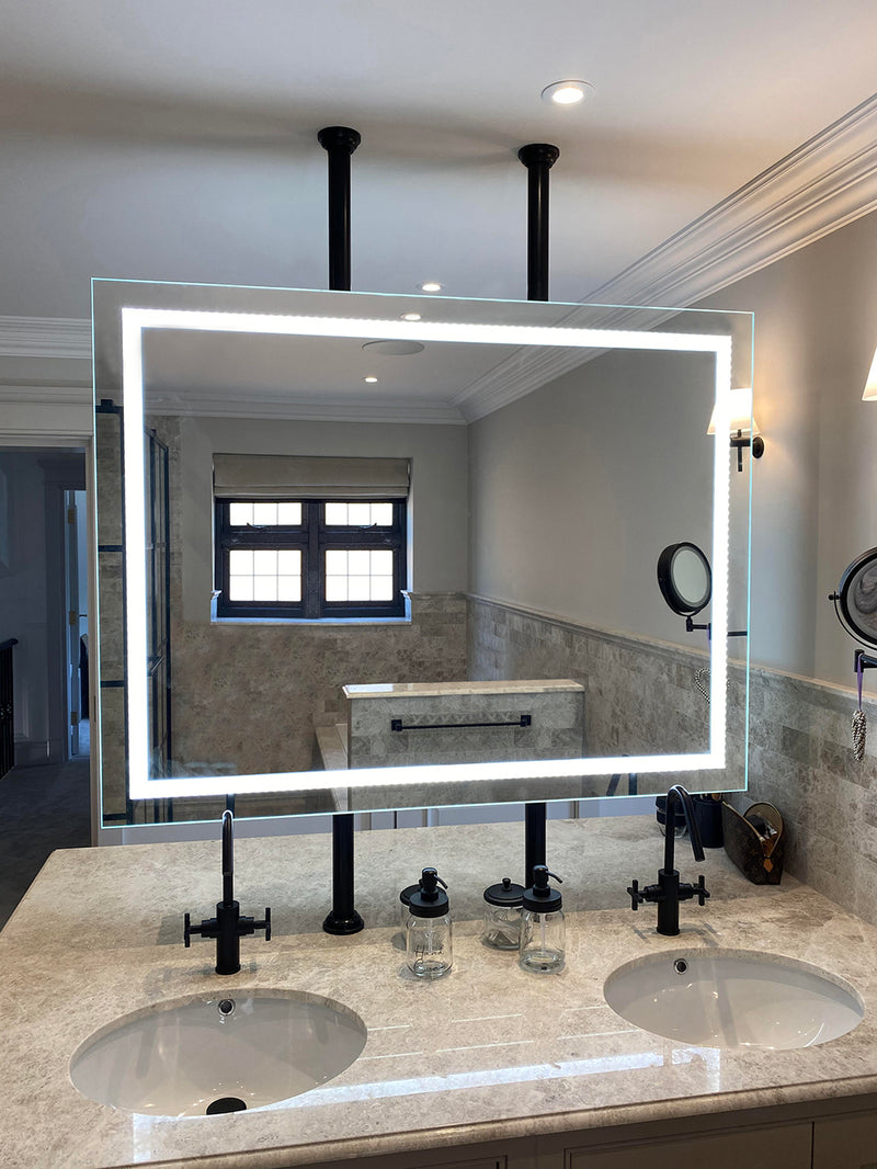 Double-sided demisting mirror with custom-built ceiling hanger. 1m H x 1.3m W