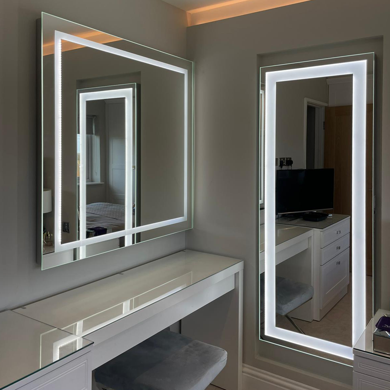 Coordinating wall-mounted and full-length vanity mirrors