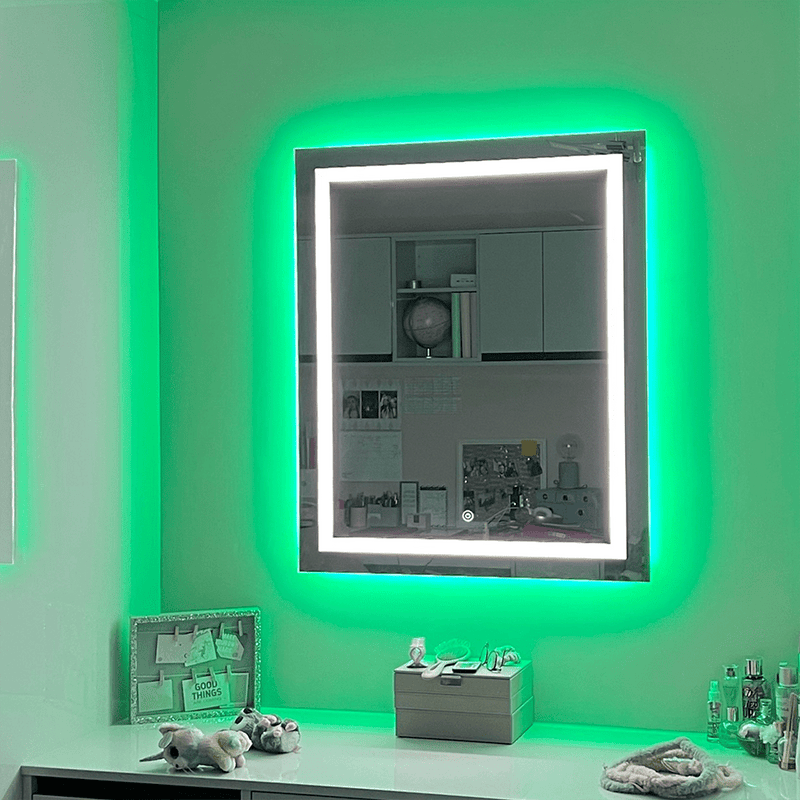 Bedroom vanity mirror with remote controlled full colour backlighting.