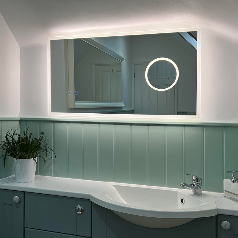 Frosted edge-lit mirror with magnification mirror and touch sensor controls