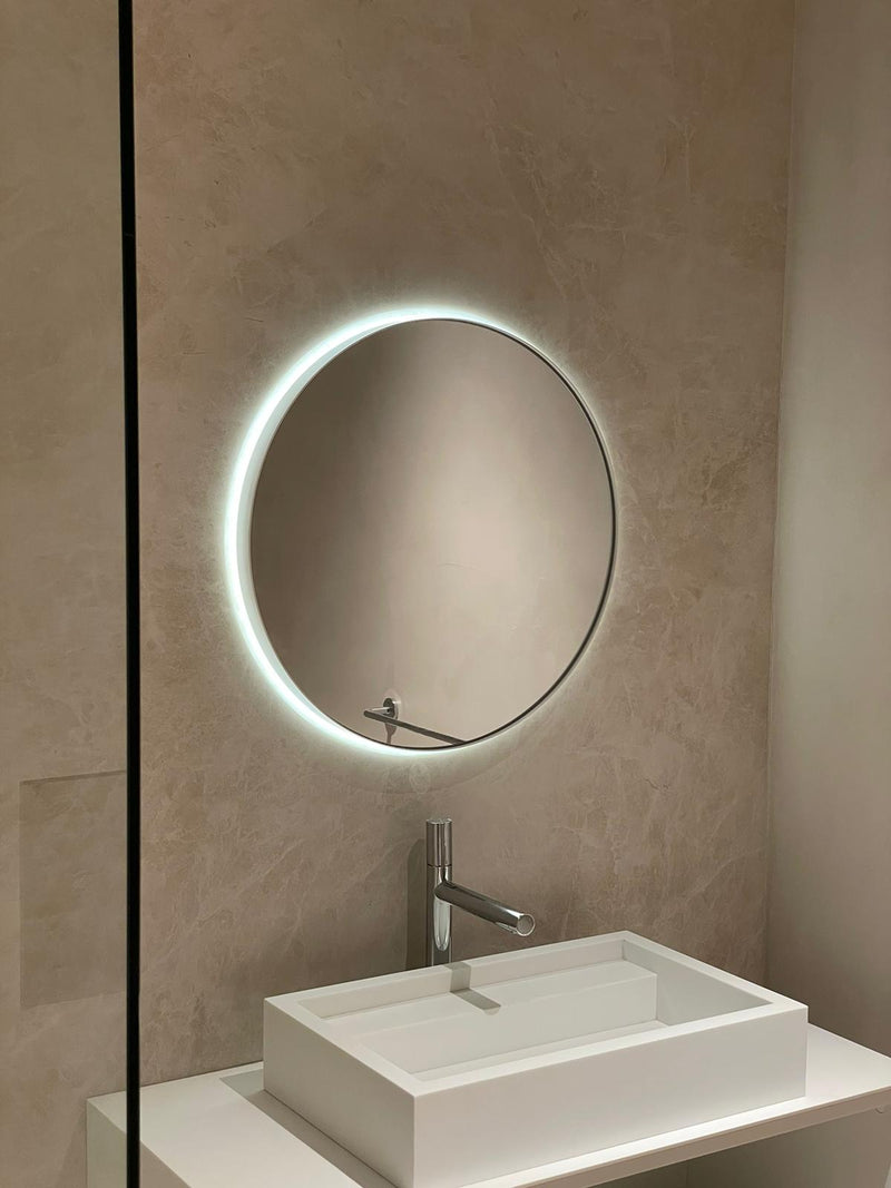 On-trend backlit circular mirror with white metal frame