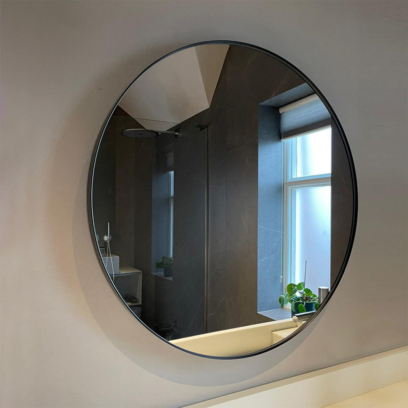 Large 900mm diameter plain round mirror with a black metal frame