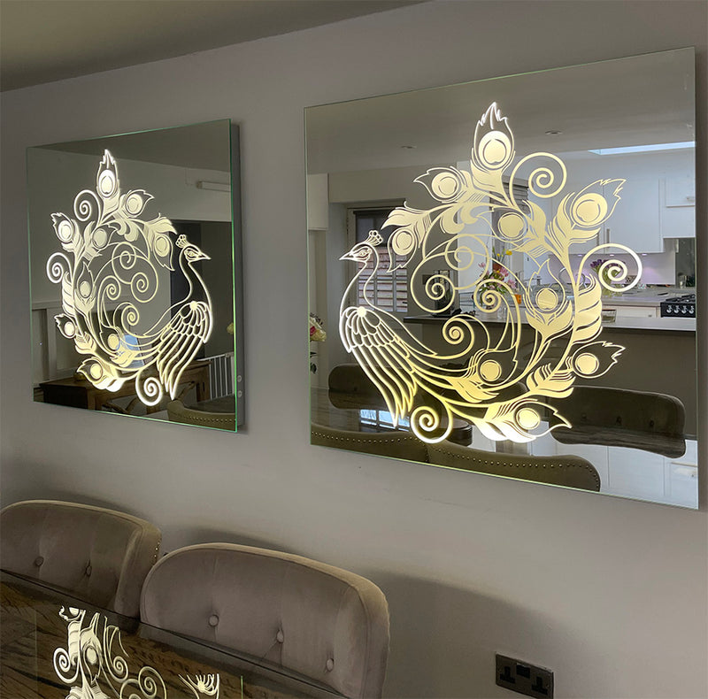 An instant showpiece mirror set with a laser-engraved illuminated peacock
