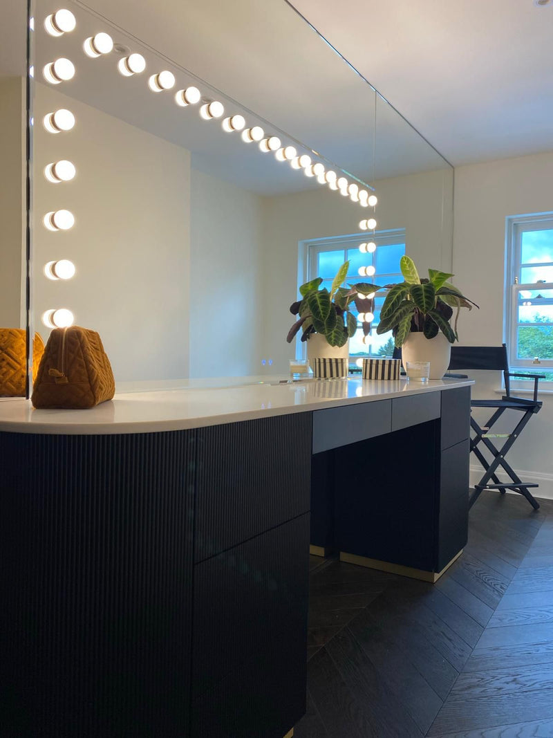 Full mirror wall with flush-fitted Hollywood mirror built for Rochelle Humes