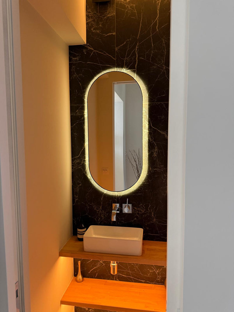 500 w x 900 h backlit black framed pill mirror