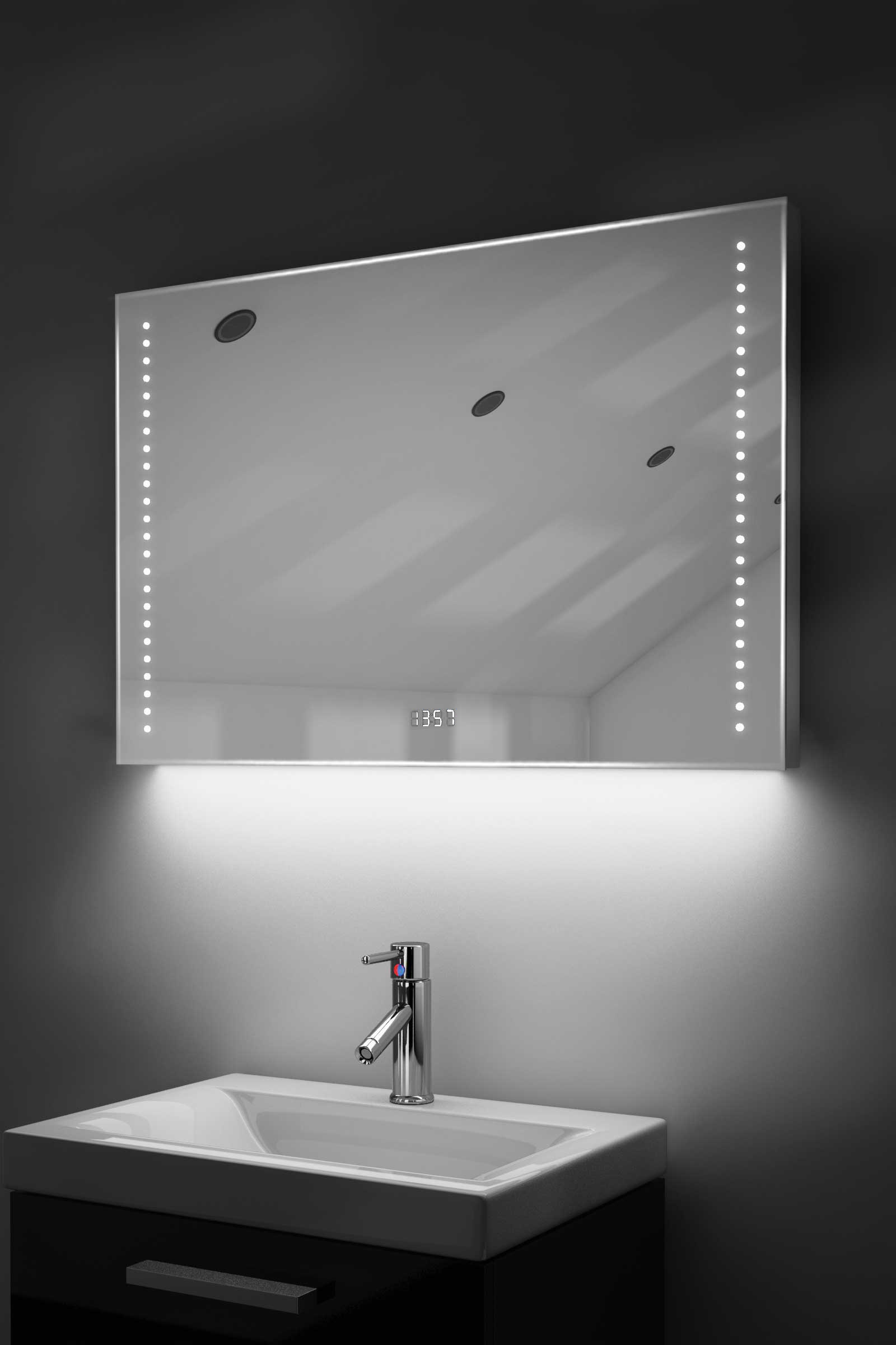 digital clock slim bathroom mirror with under lighting, demist